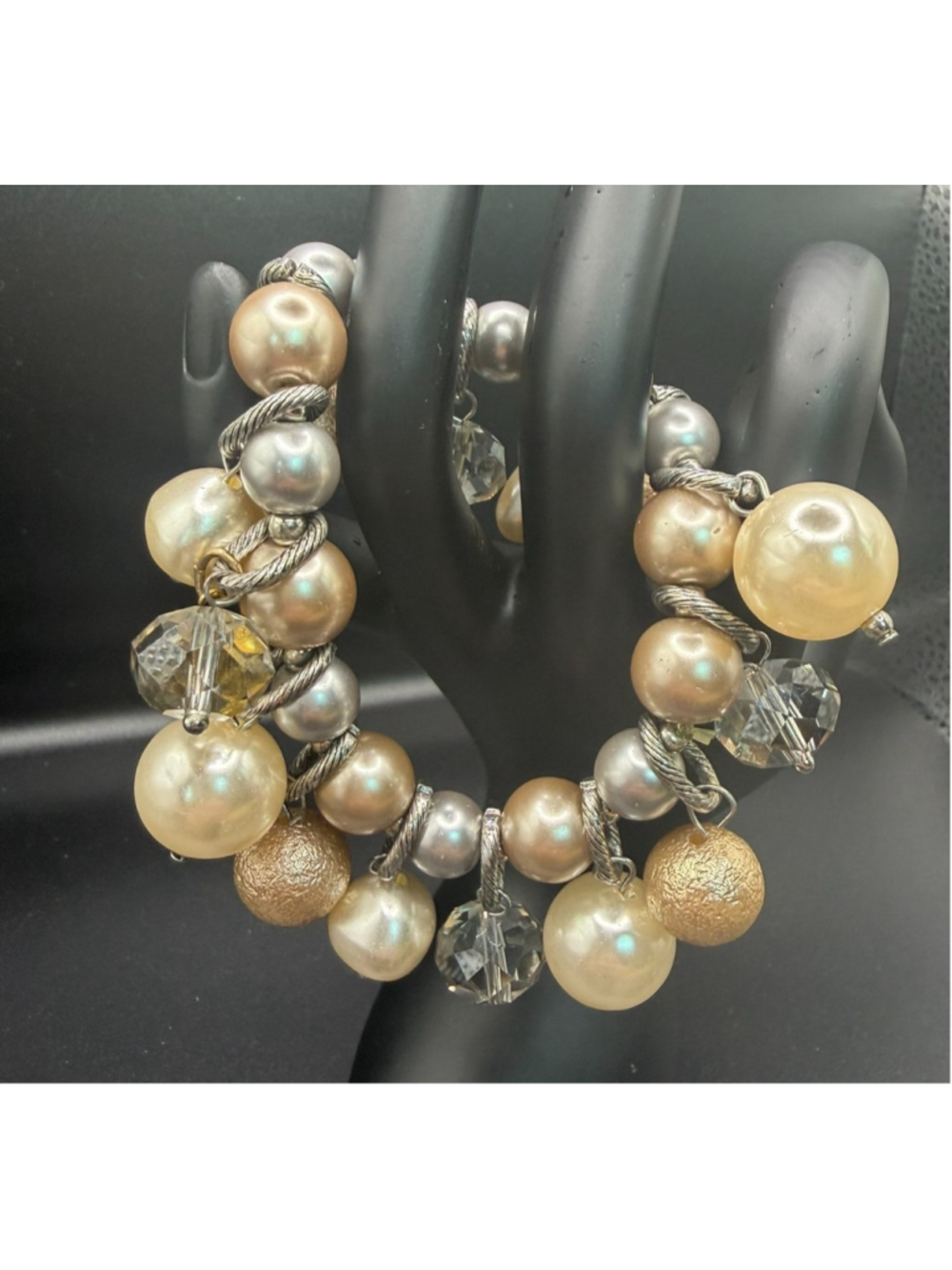 Treska Faux Pearl Cluster Bracelet Champagne Gold Silver Tone Faceted Beads
